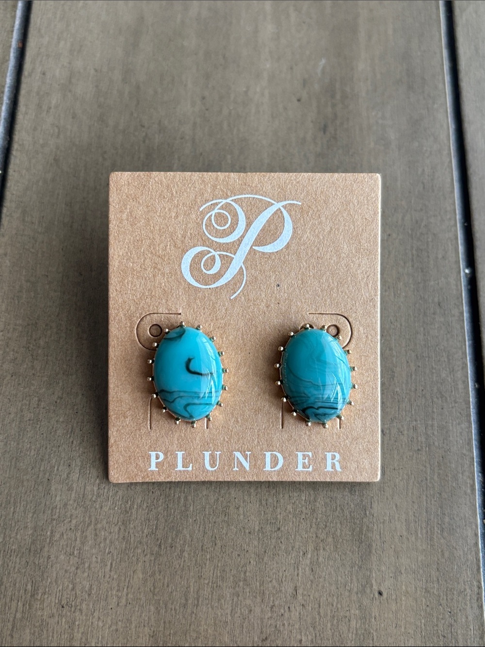 780. Plunder Turquoise Blue Oval Stone Stud Earrings with Gold-Tone Prongs